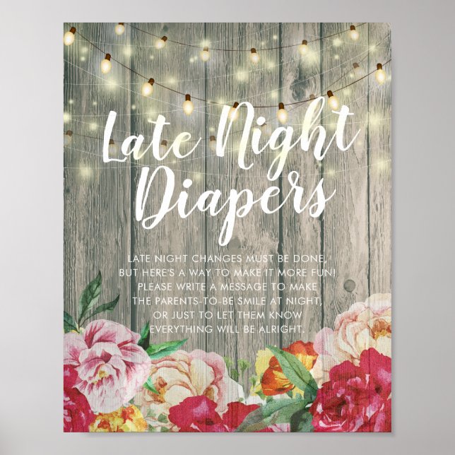 Babydusche Späte Night Diapers Blume Holzleuchten Poster (Vorne)