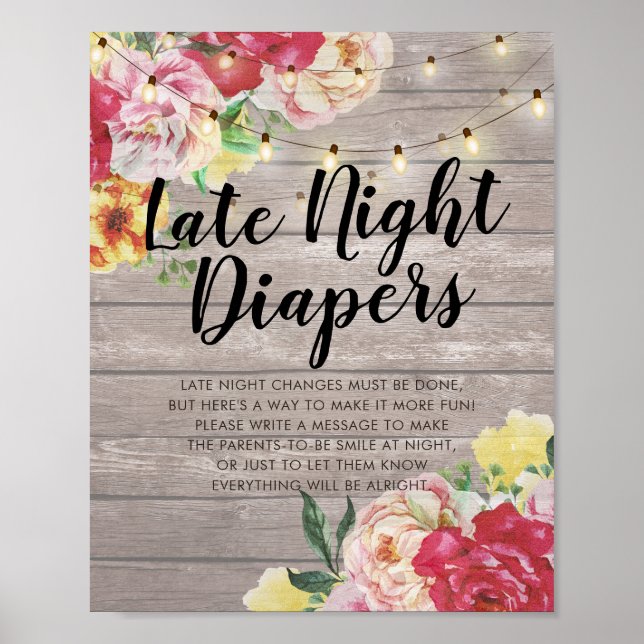 Babydusche Späte Night Diapers Blume Holzleuchten Poster (Vorne)