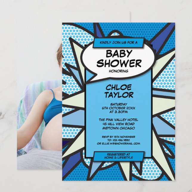 Babydusche Sprinkle Modern Blue Baby Boy Foto Einladung (Vorne/Hinten)