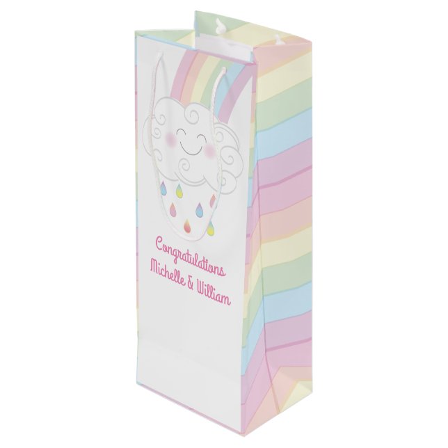 Babydusche Sprinkle Rainbow Raindrop Cloud Geschenktüte Für Weinflaschen (Rückseite Schrägansicht)