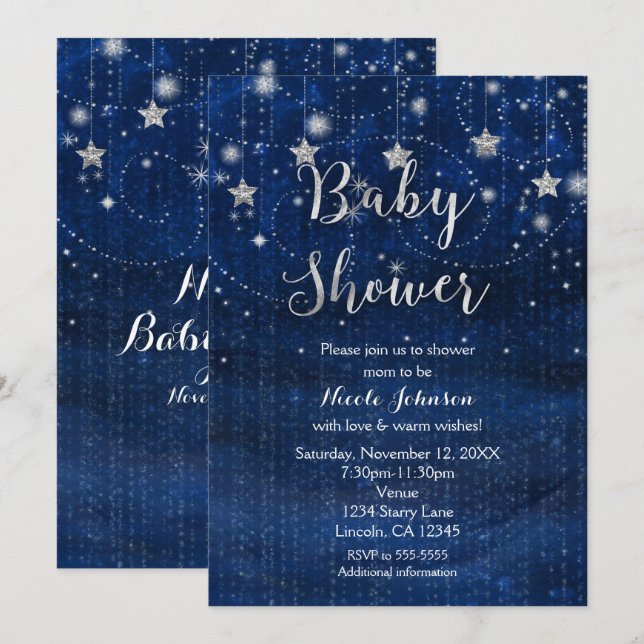 Babydusche Starry Night Blue & Silver Einladung (Vorne/Hinten)