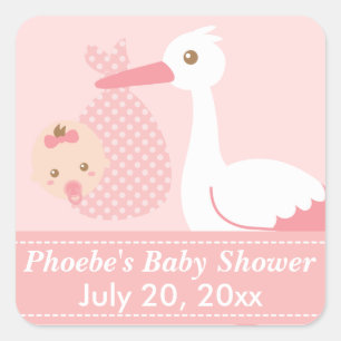 Babydusche - Storch liefert Niedliches Baby Girl Quadratischer Aufkleber