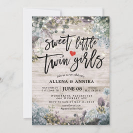 Babydusche Sweet Little Twin Girls Blume Wood Einladung
