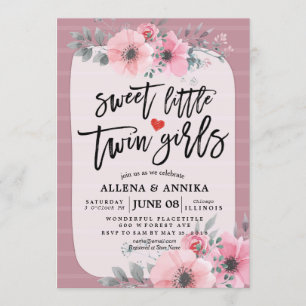 Babydusche Sweet Little Twin Girls Pink Blume Einladung