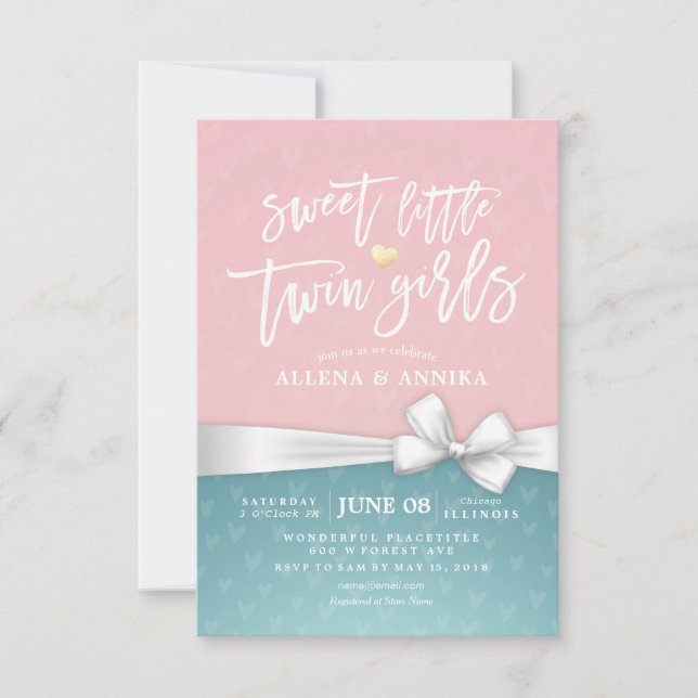Babydusche Sweet Little Twin Girls White Ribbon Einladung (Vorderseite)