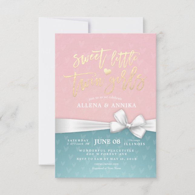 Babydusche Sweet Little Twin Girls White Ribbon Einladung (Vorderseite)