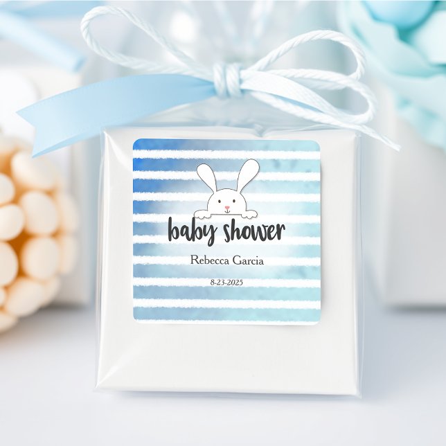 Babydusche Tan White Bunny Blue Strip Quadratischer Aufkleber (Von Creator hochgeladen)