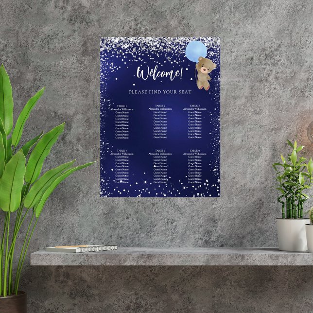 Babydusche Teddy Bär Junge blaue Sitzkarte Poster (Von Creator hochgeladen)