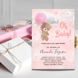 Babydusche Teddy Bär Mädchen pink Silber Einladung