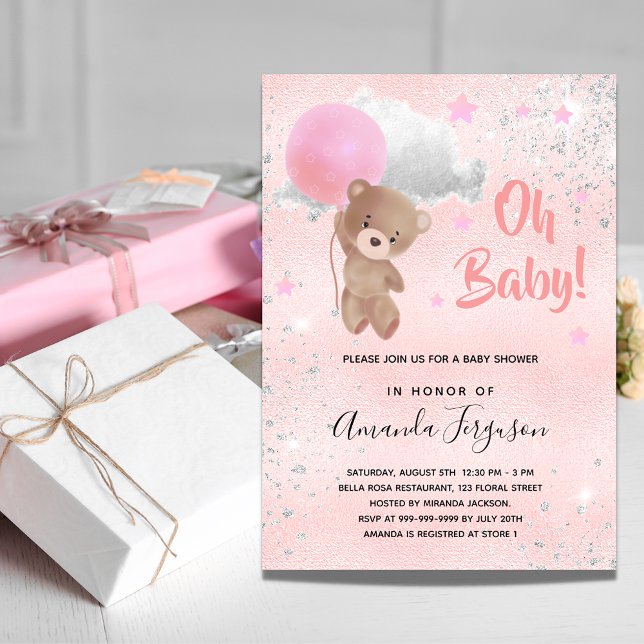 Babydusche Teddy Bär Mädchen pink Silber Einladung (Von Creator hochgeladen)