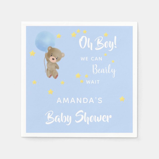 Babydusche Teddy Bärenjungen blauer Name Serviette (Vorderseite)