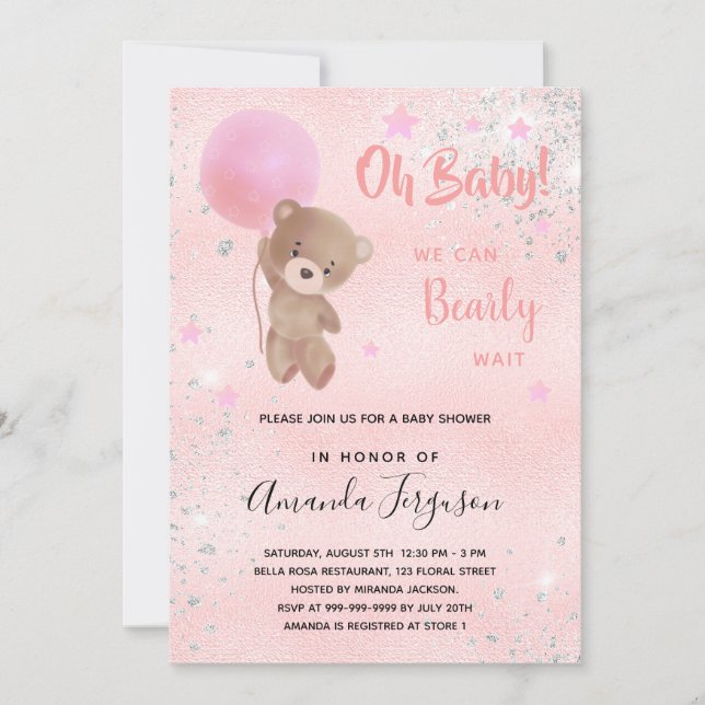 Babydusche Teddy Bärenmädchen pink silber Einladung (Vorderseite)