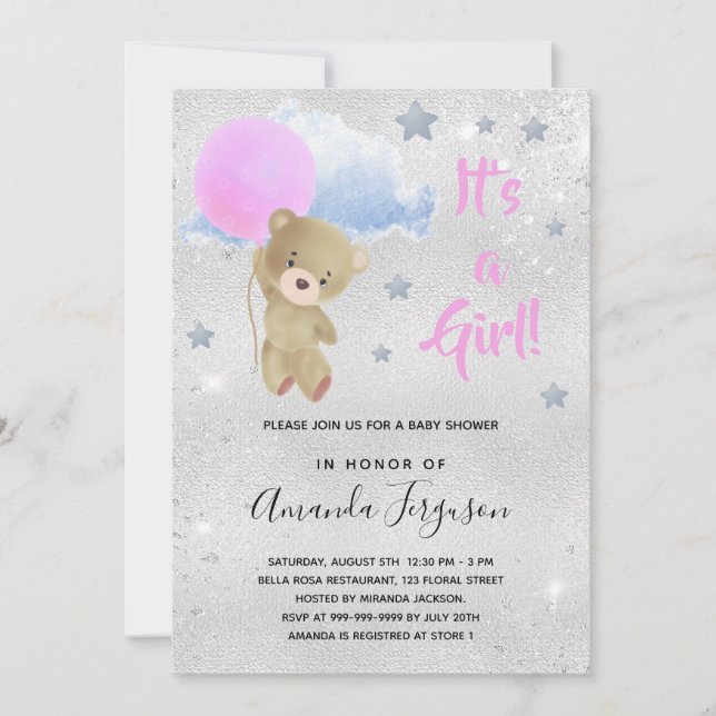 Babydusche Teddy Bärenmädchen pink silber Einladung (Vorderseite)