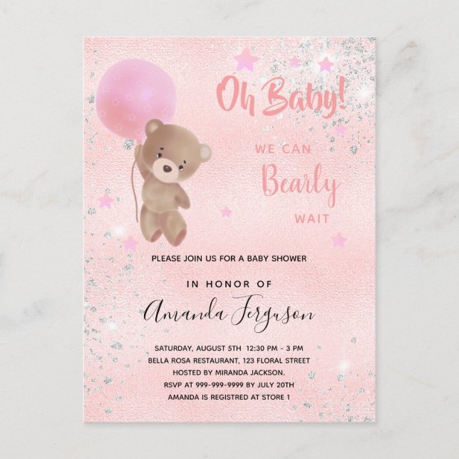 Babydusche Teddy Bärenmädchen Rosa Glitzer Einladungspostkarte (Vorderseite)