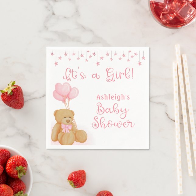 Babydusche Teddy Bear Pink Balloons ITS A GIRL Serviette (Beispiel)