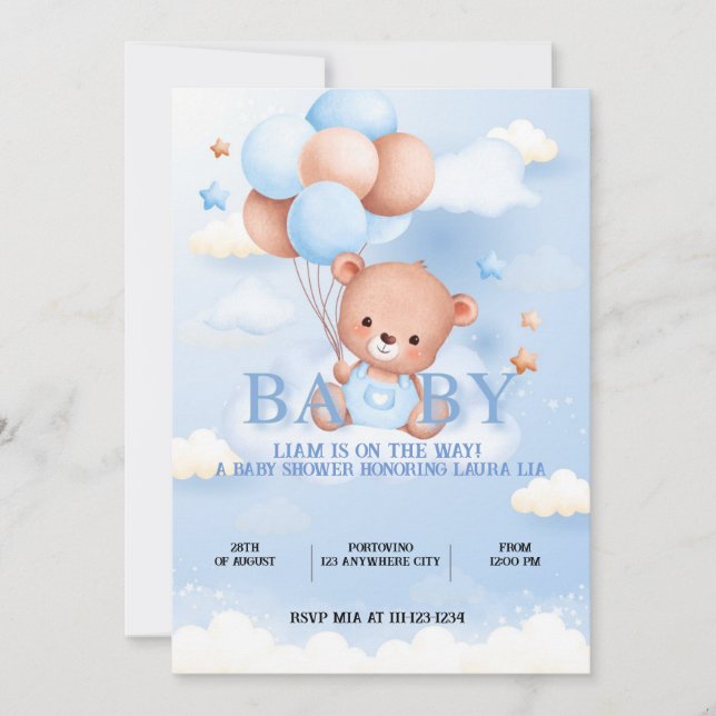 Babydusche Teddybär blaue Einladung (Vorderseite)