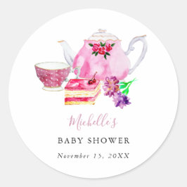 Babydusche Tee Party Dusty Rose Teapot Runder Aufkleber