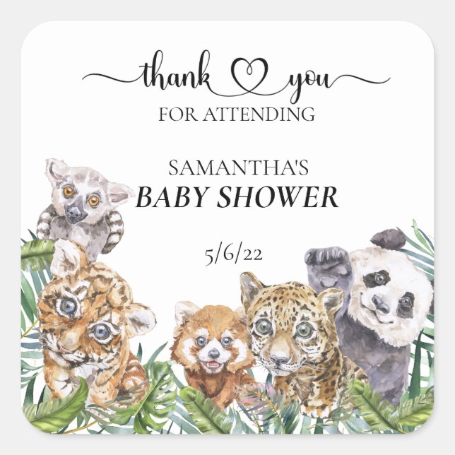 Babydusche Tropischer Jungle Tiere Gefallen Quadratischer Aufkleber (Vorderseite)
