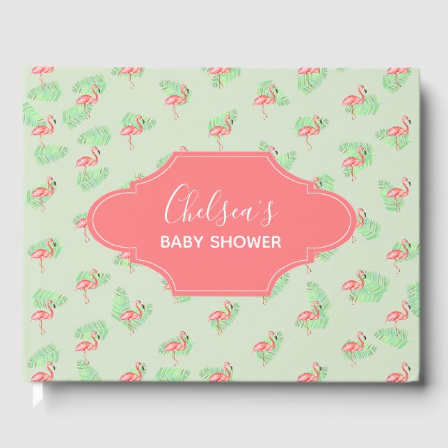 Babydusche Tropischer Wasserfarbe Flamingo Name Gästebuch (Vorderseite)