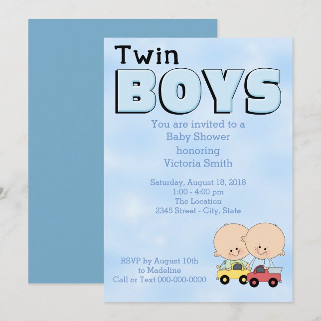 Babydusche Twin Boys Einladung (Vorne/Hinten)