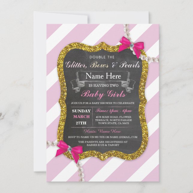 Babydusche Twins Rosa Stripe Glitzer Girls laden e Einladung (Vorderseite)
