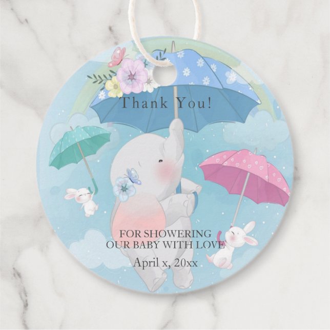 Babydusche Umbrellas Elephant Bunnies Geschenkanhänger (Rückseite)