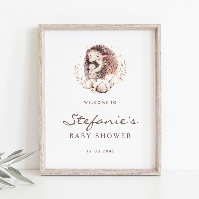 Babydusche und Babydusche Igel Forest Begrüßung Poster (Woodland theme baby shower welcome sign featuring watercolor mommy and baby hedgehog.)