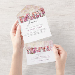 Babydusche und Windelwaschmaschine Blütenpink Gold All In One Einladung
