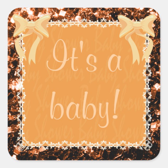 Babydusche Unisex orange Glitzern Quadratischer Aufkleber (Vorderseite)