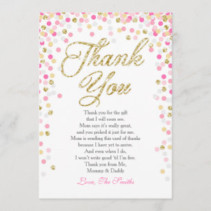 Babydusche Vielen Dank Card Confetti Gold rosa Gir Dankeskarte