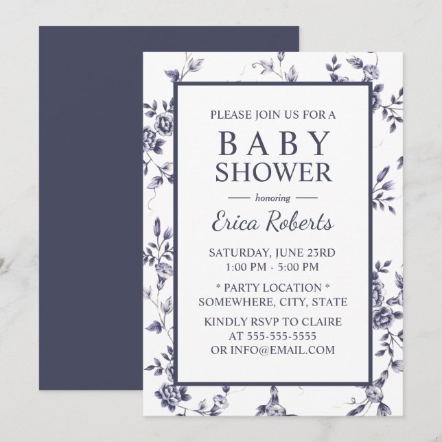 Babydusche Vintag Blau & Weiße Blüte Einladung (Vorne/Hinten)