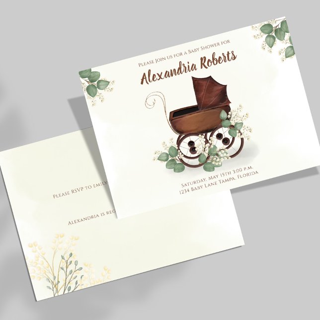 Babydusche Vintag Carriage Greenerie Einladung (Baby shower vintage baby carriage invitations. )