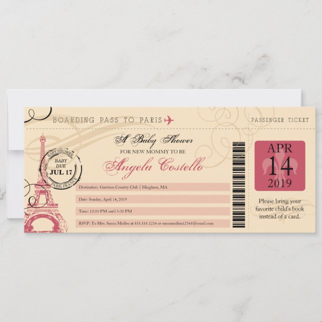 Babydusche Vintag Paris Boarding Pass Einladung (Vorderseite)