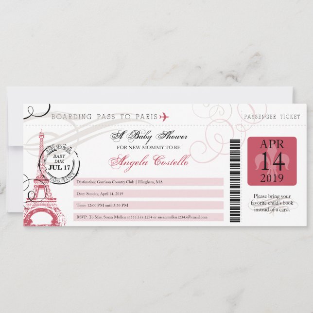 Babydusche Vintag Paris Boarding Pass Einladung (Vorderseite)