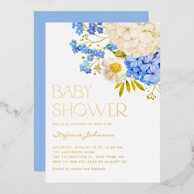 Babydusche von Boho Blue und White Hydrangeas Folieneinladung (Vorderseite/Rückseite)
