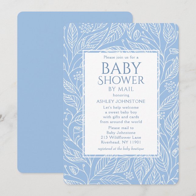 Babydusche von Mail Pastel blaues Blumenmuster Einladung (Vorne/Hinten)