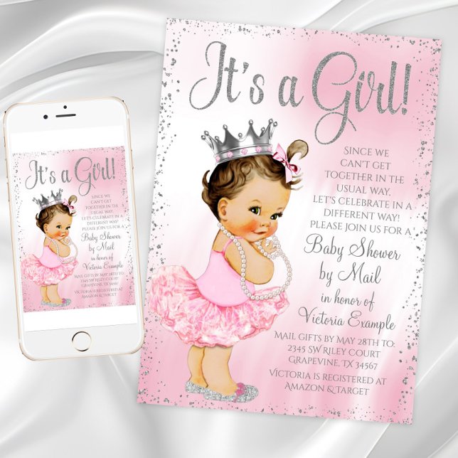 Babydusche von Mail Pink Princess Tutu Babydusche Einladung (Pink Silver Princess Baby Shower Invitation. Instant download printed available. Text can be changed)