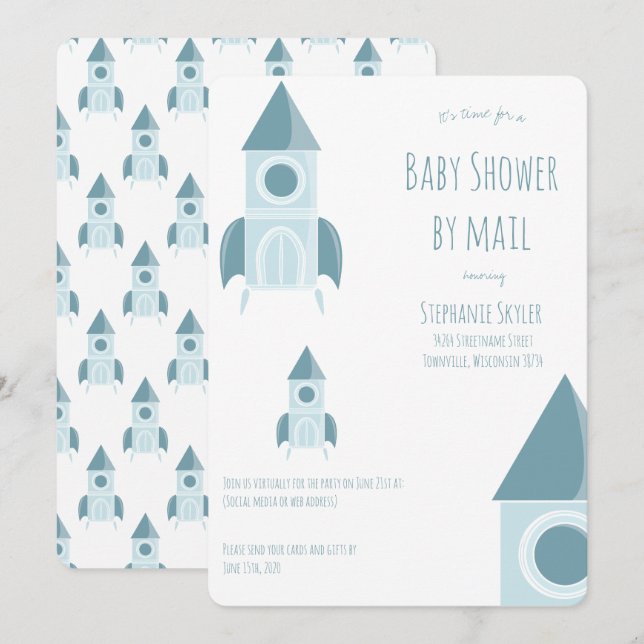 Babydusche von Mail White Blue Rakete Schiff Einladung (Vorne/Hinten)