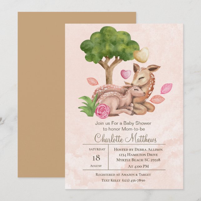 Babydusche von Mama und Baby Deer Forrest Animals Einladung (Vorne/Hinten)