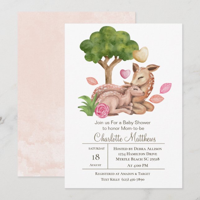 Babydusche von Mama und Baby Deer Forrest Animals Einladung (Vorne/Hinten)