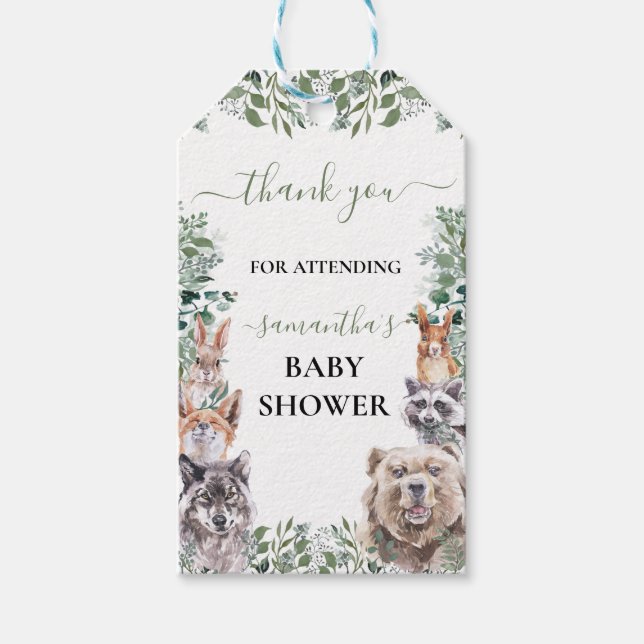Babydusche Waldtiere willkommen Geschenkanhänger (Vorderseite)