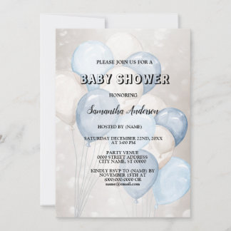 Babydusche Wasserfarbe Blau Weiße Balloons Party Einladung