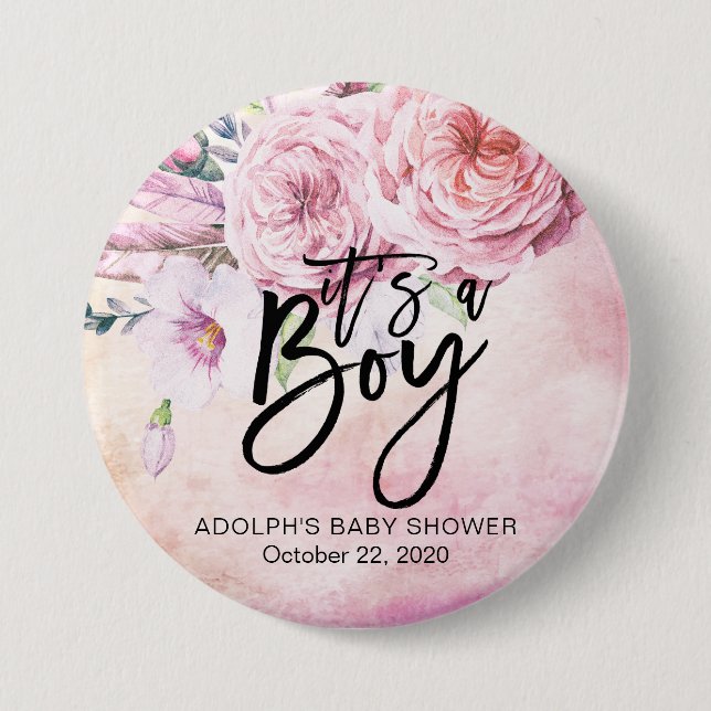 Babydusche Wasserfarbe Bohemische Blume und Federn Button (Vorderseite)