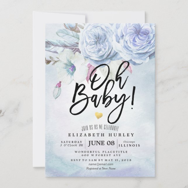 Babydusche Wasserfarbe Bohemische Blume und Federn Einladung (Vorderseite)