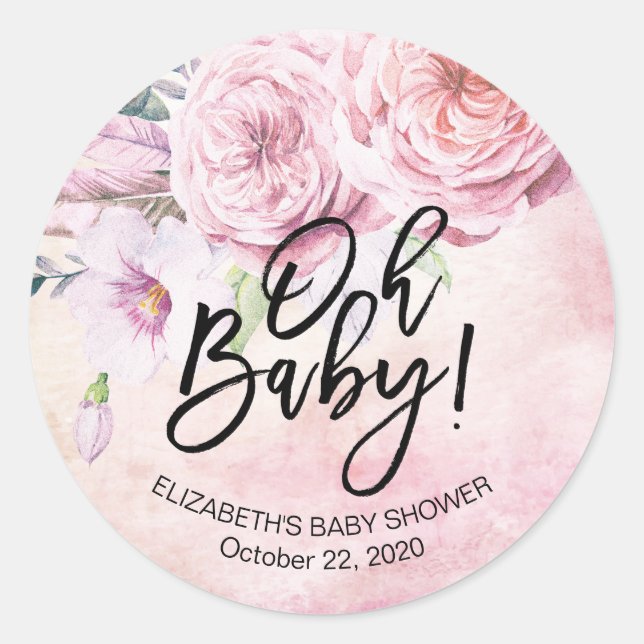 Babydusche Wasserfarbe Bohemische Blume und Federn Runder Aufkleber (Vorderseite)