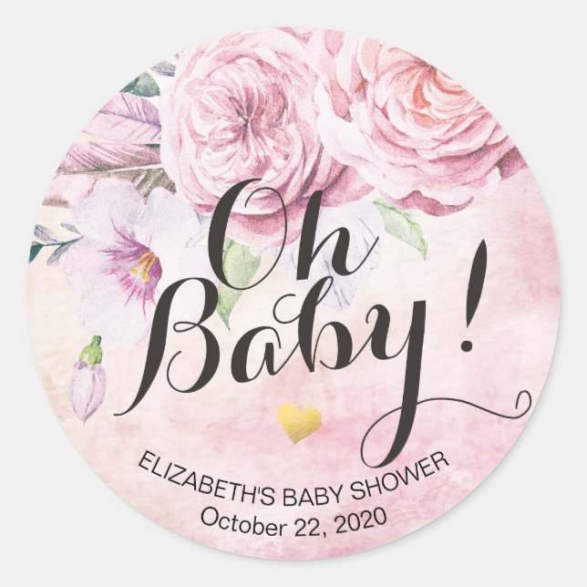 Babydusche Wasserfarbe Bohemische Blume und Federn Runder Aufkleber (Vorderseite)