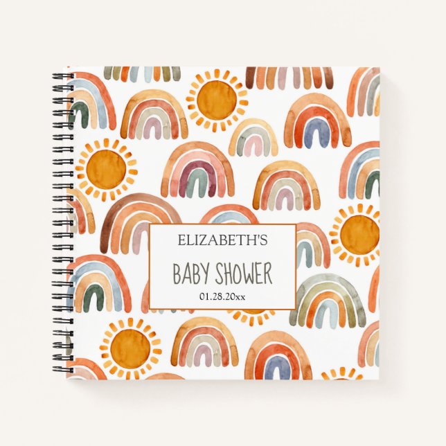 Babydusche Wasserfarbe Boho Regenbogen und Sonnens Notizbuch (Vorderseite)