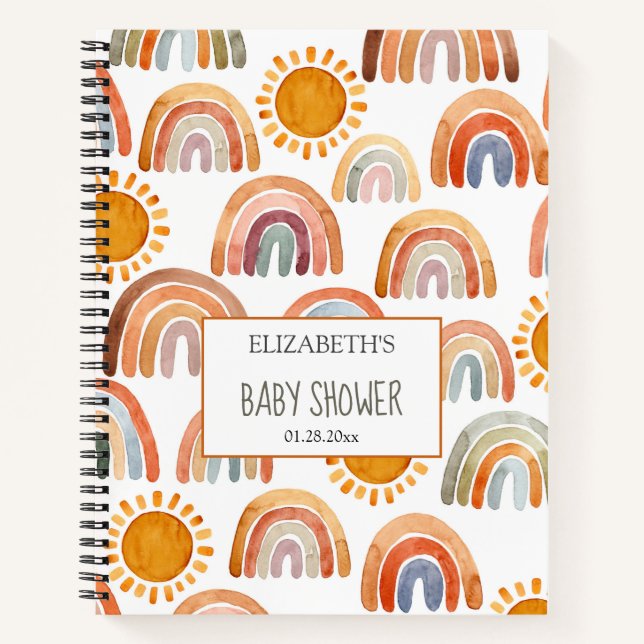 Babydusche Wasserfarbe Boho Regenbogen und Sonnens Notizbuch (Vorderseite)