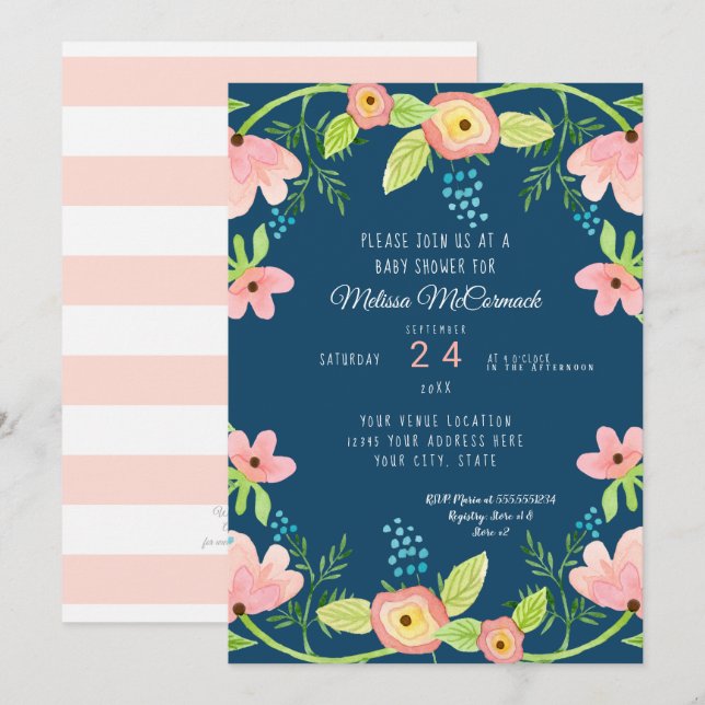 Babydusche Wasserfarbe Mädchen Moderne BOHO Blumen Einladung (Vorne/Hinten)