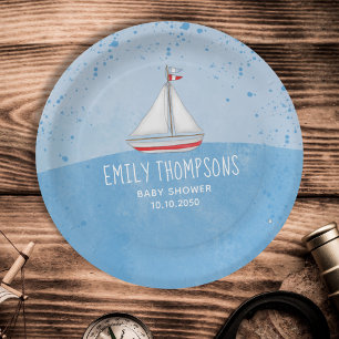 Babydusche Wasserfarbe Niedlich Whimsical Sailboat Pappteller